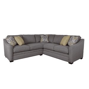 Grey, upholstered, 5 cushion sectional with curve track arm rests.