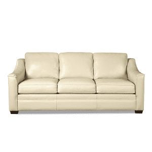 White, leather, 3 cushion sofa with curved track arm rests.