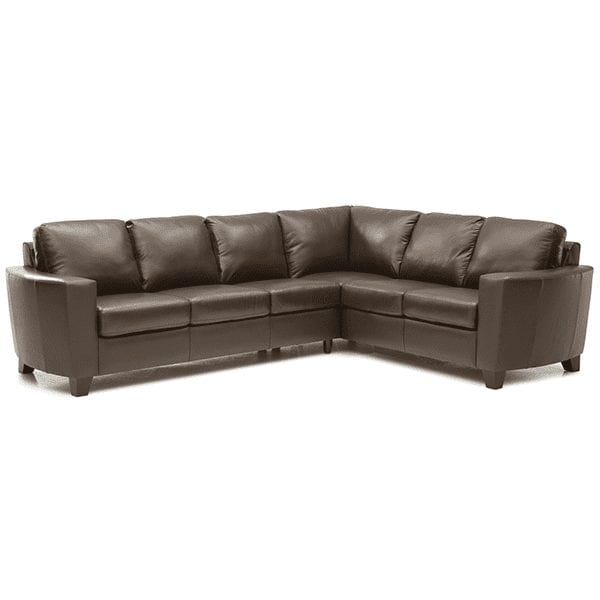 Brown, leather, 6 cushion sectional with subtle curved arms.