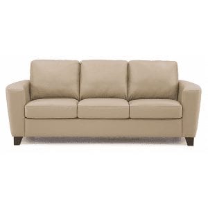 Beige. leather, 3 cushion sofa with subtle curved arm rests.