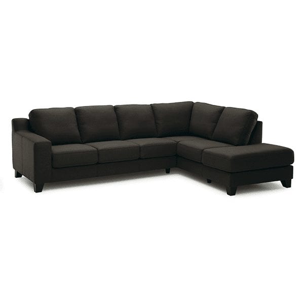 Black, upholstered, 6 cushion sectional with squared off arm rests and chaise on right side.