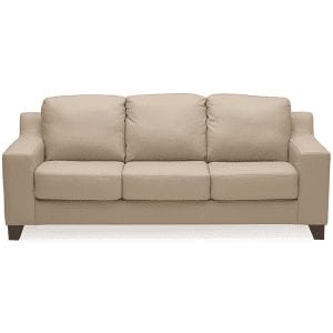 Beige, leather, 3 cushion sofa with squared arm rests.