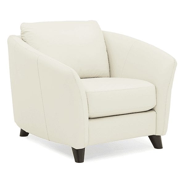 Beige, leather arm chair with curved arm rests.