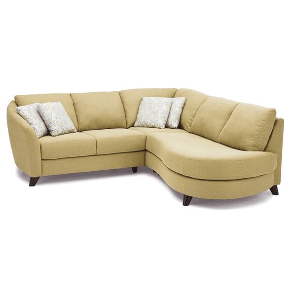 Yellow, upholstered, 5 seat sectional with subtle curved armrest on left side and chaise on right side.