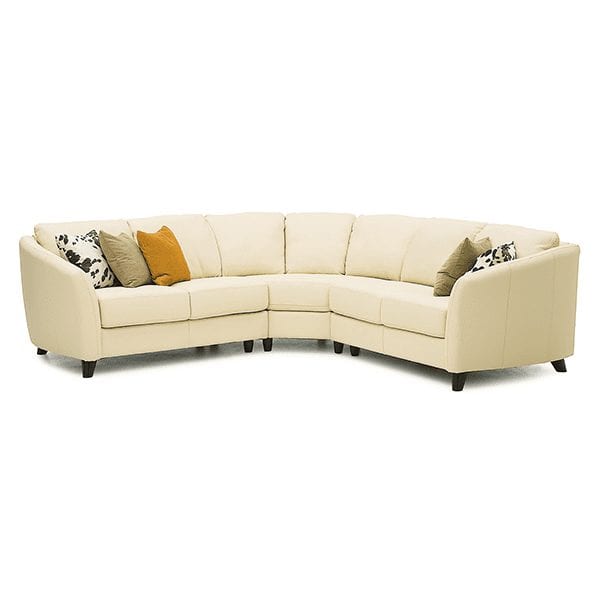 White, leather, 6 seat sectional with subtle curved armrests.
