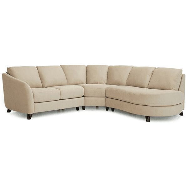 Beige, upholstered, 5 seat sectional with subtle curved armrest on left side and chaise on right side.