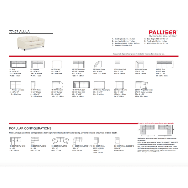 Info sheet containing dimensions of various styles offered and popular configurations of sofa.