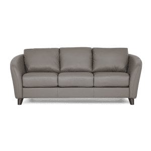 Light grey, 3 cushion, leather sofa with curved arm rests.