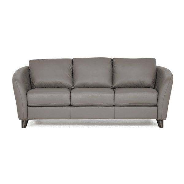 Grey, leather, 3 cushion sofa with subtle curved arm rests.