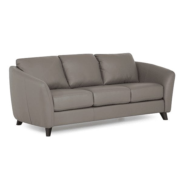 Light grey, 3 cushion, leather sofa with curved arm rests.