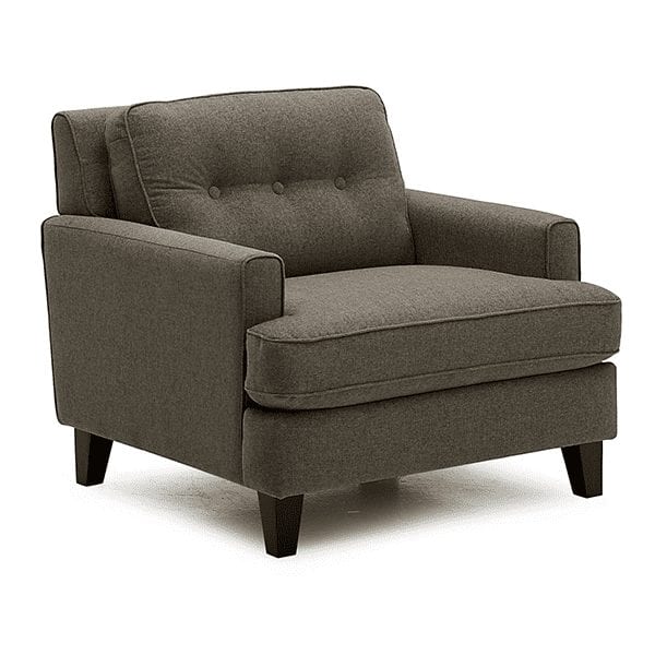 Grey, upholstered, tufted bsck arm chair with low track arms.