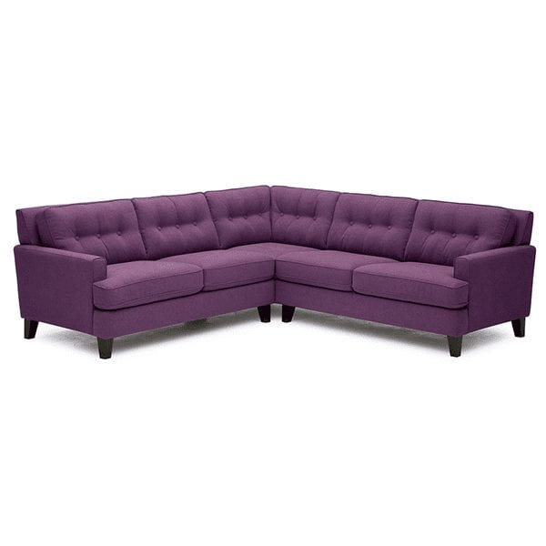 Purple, upholstered, 5 cushion, tufted back sectional with squared arm rests.