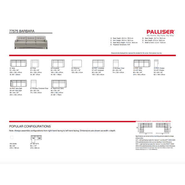info sheet containing dimensions of various styles offered and popular configurations of sofa.