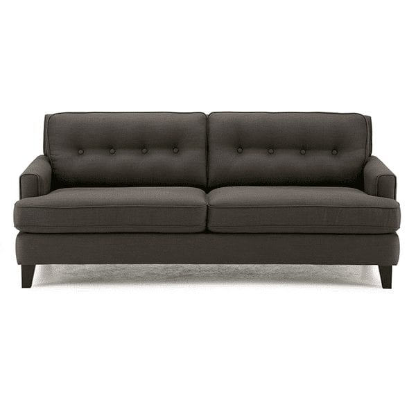 Grey, upholstered, 2 cushion, sofa with button tufting, low track arms and tapered wooden legs.