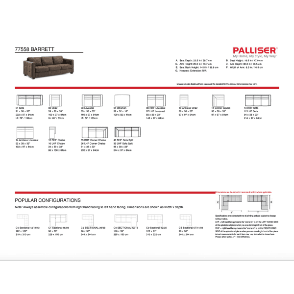 Info sheet containing dimensions of various styles offered and popular configurations of sofa..