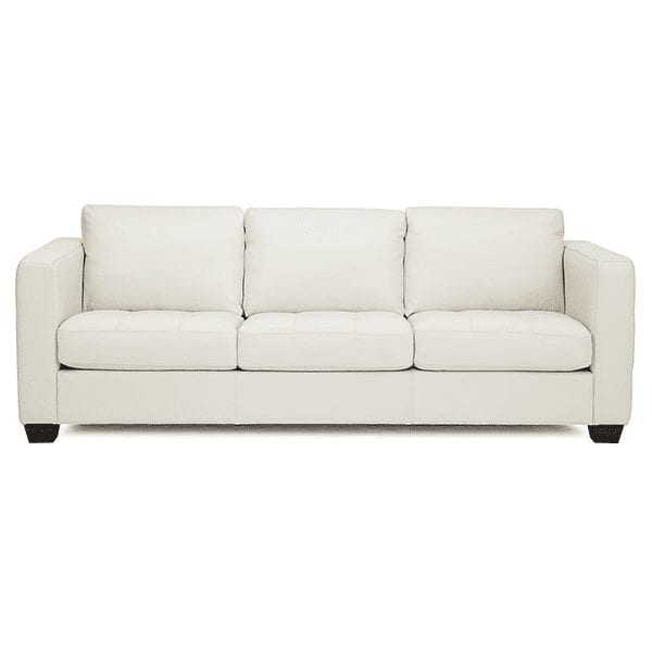 White, leather, 3 cushion, tufted seat sofa with tufting detail on sides and squared arm rests.