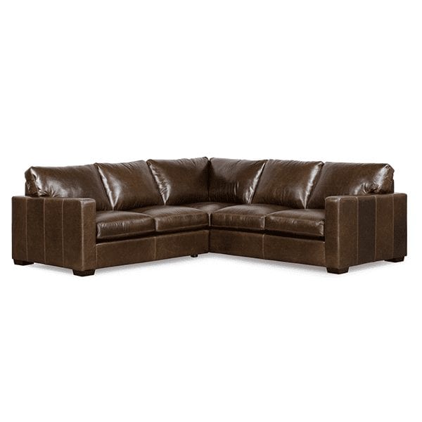 Brown, leather, 5 cushion sectional with classic track, squared arm rests.