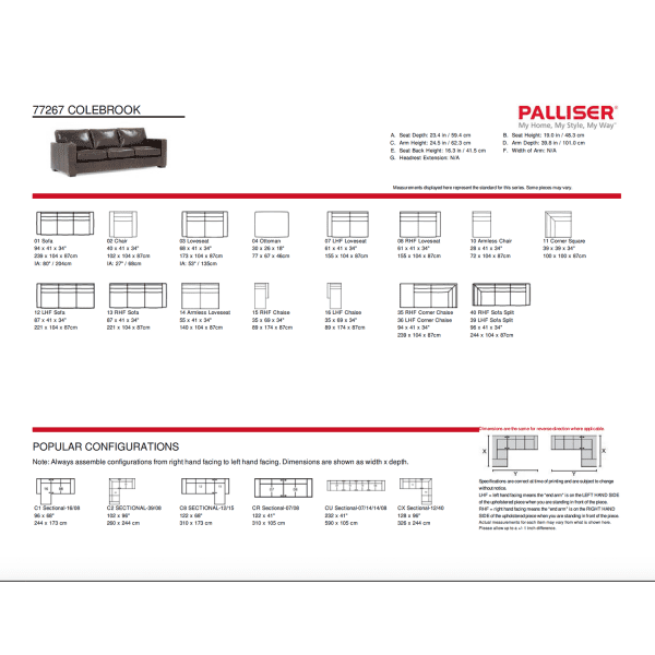 Info sheet containing dimensions of various styles offered and popular configurations of sofa.