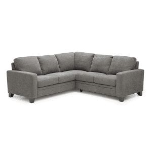 Grey, upholstered, 5 cushion sectional with classic track, squared arm rests.