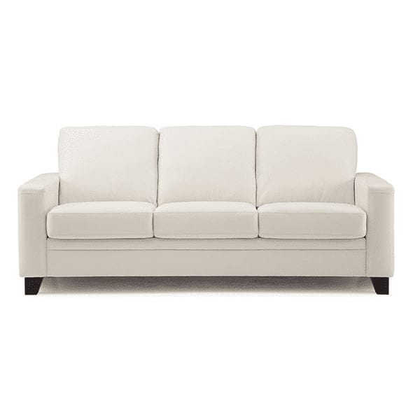 White, leather, 3 cushion sofa with classic track, squared arm rests.