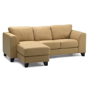 Beige, leather, 3 cushion sofa with subtle curved arms and chaise on left side.