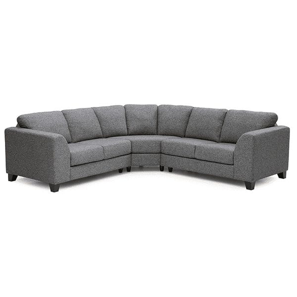 Grey, upholstered, 5 cushion sectional with subtle curved arms .