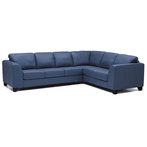 Blue, leather, 6 cushion sectional with subtle curved arms.