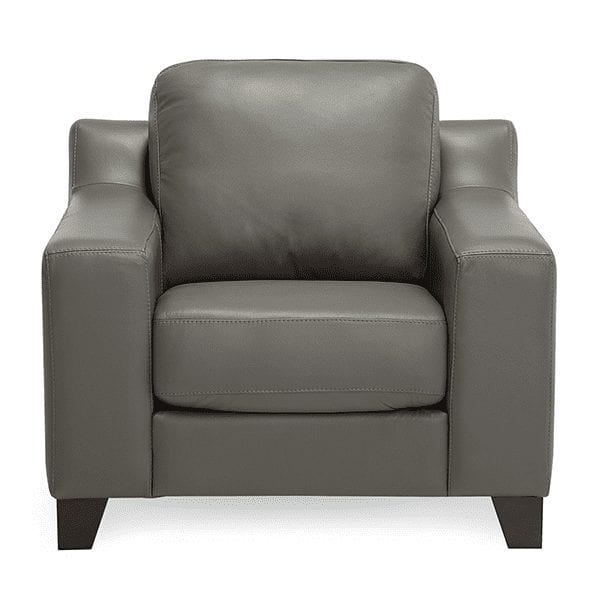 Grey, leather armchair with squared arm rests